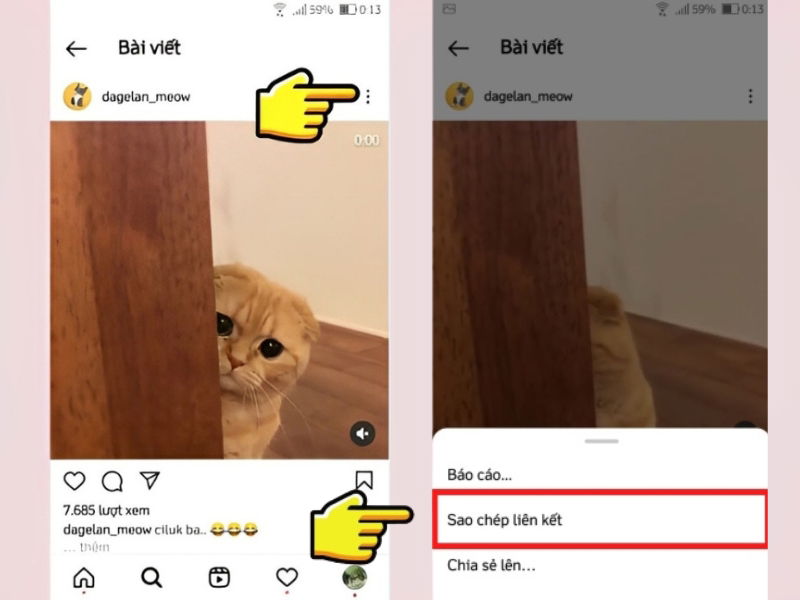 Chọn Sao chép liên kết link video trên Instagram